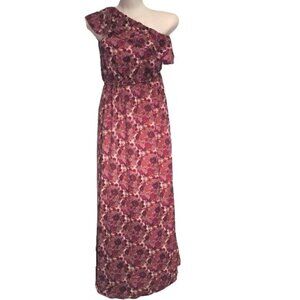 Liberty Of London Womens Maxi Dress Lined 1 shoulder Pink Wine Floral Belted Siz